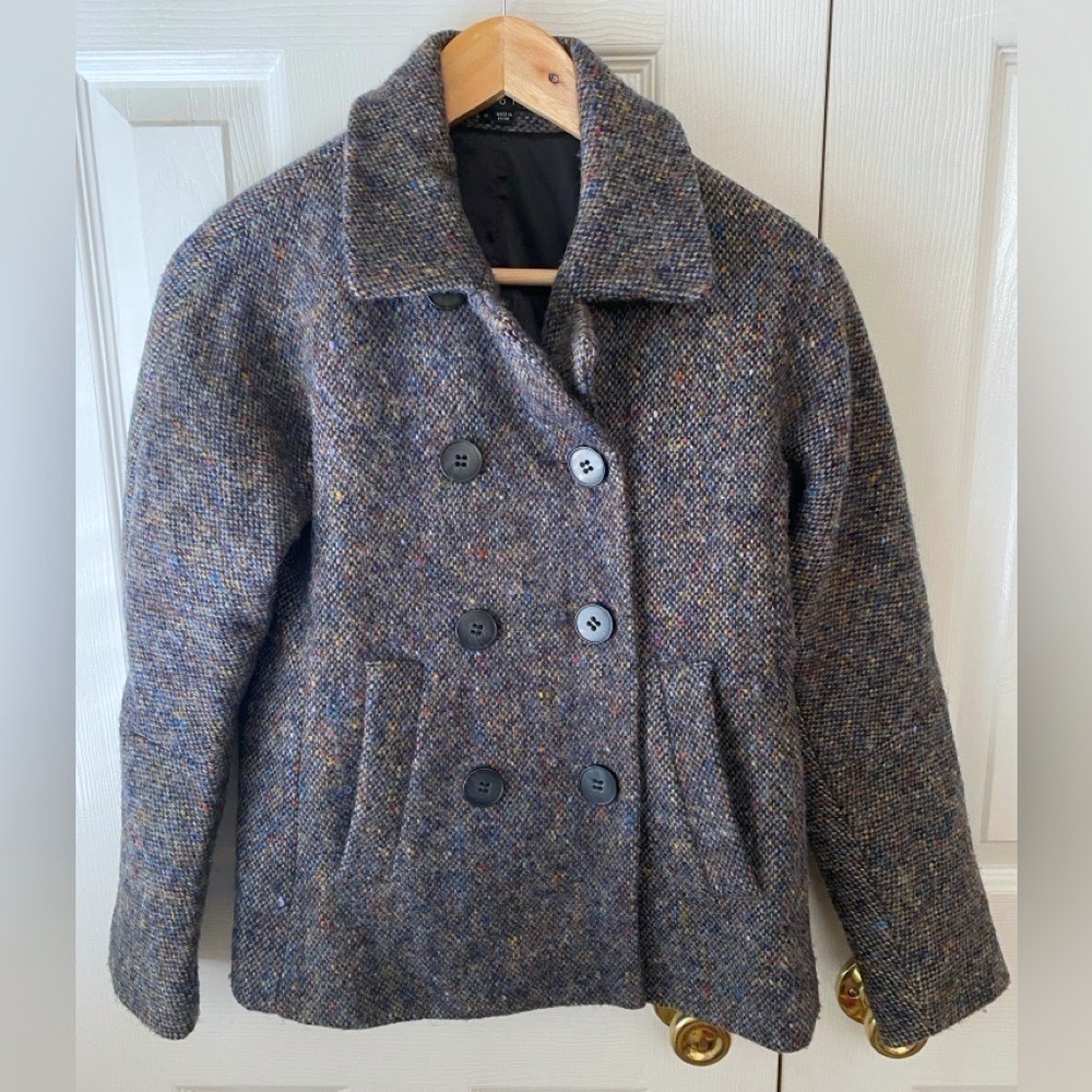 theory Adaison 100% Wool Nottingham Multicolor Tweed Double Breasted Pea Coat S